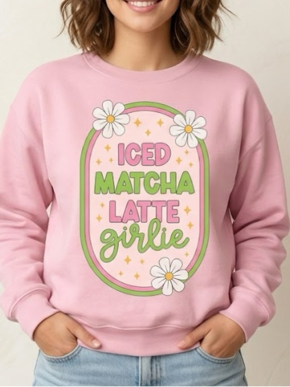 Retro Iced Matcha Latte Girlie Graphic Sweatshirt Pink